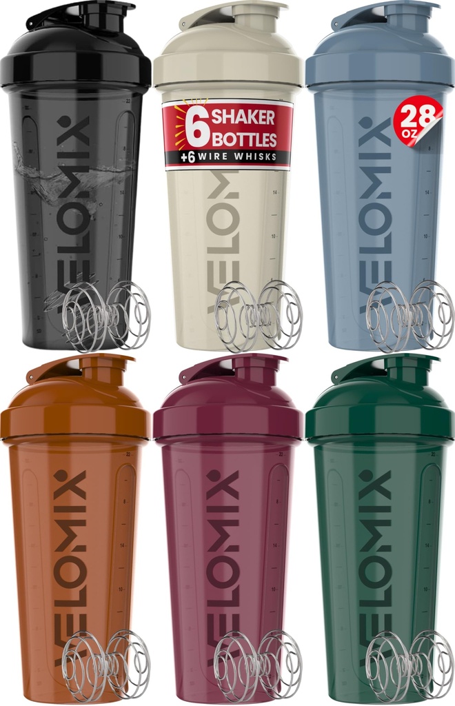 VELOMIX -6 PACK- 28 oz Protein Shaker Bottle for Protein Mixes - 6x Wire Whisk ← Leak Proof Shaker Cups for Protein Shakes ← Protein Shaker Bottle Pack ← Protein Shake Cup (Earth Tones Collection)