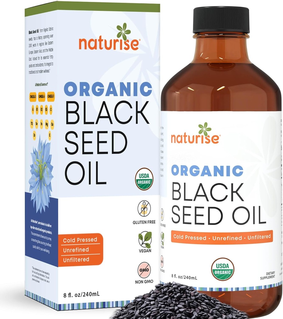 Aceite de Semilla Negra Orgánica (Nigella Sativa, Cumin Seed) Frío Presionado No GMO, 8 oz Fuente de botella de vidrio de ácidos grasos esenciales, Omega 3 6 9'
