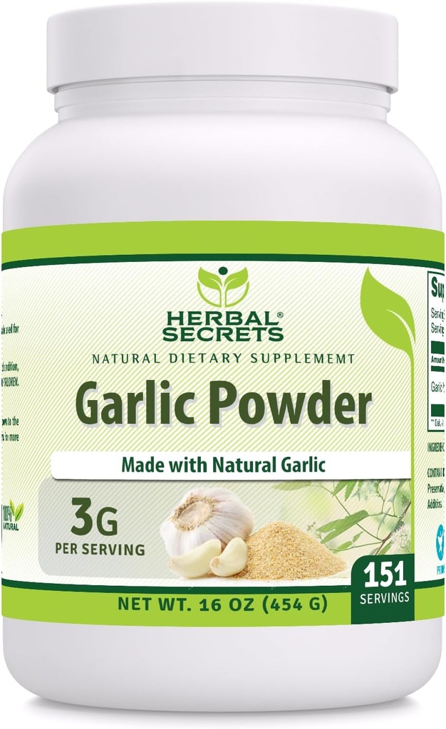 Herbal Secrets Garlic Powder Supplement | 3 Mg per Serving | 16 Oz (454 G) | Non-GMO | Gluten-Free | Made in USA
