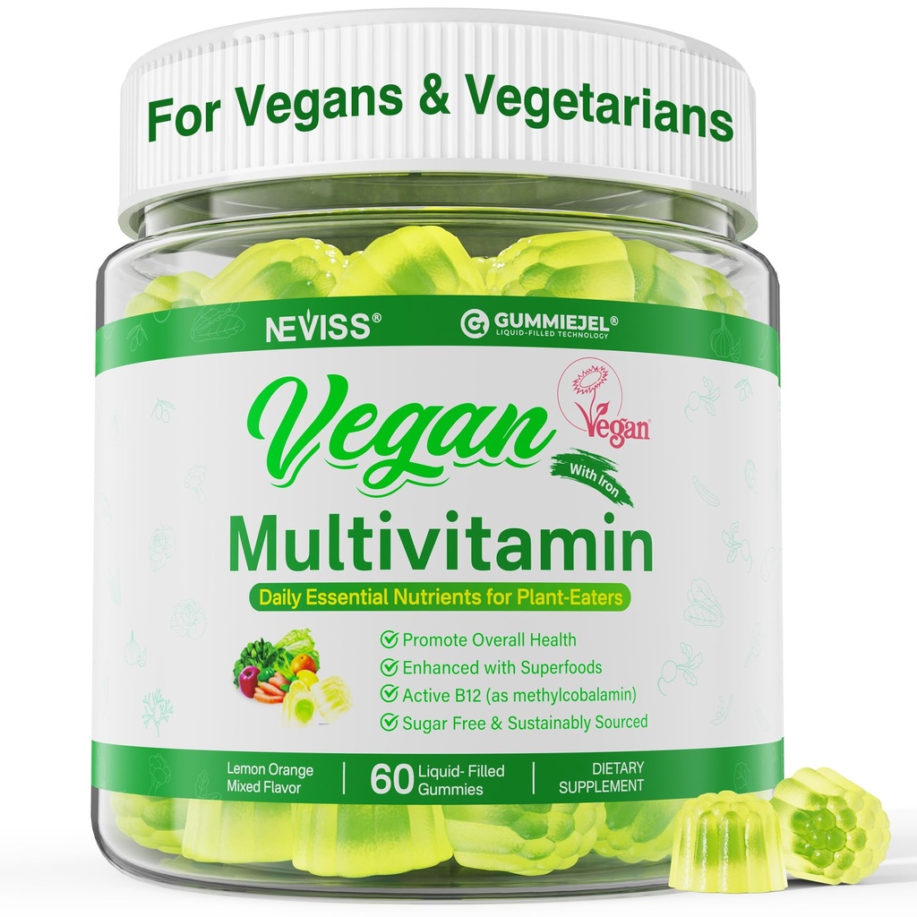 NEVISS Vegan Multivitamin for Women & Men w/Methyl B12, D3 K2, Plant Based Omega 3 (DHA+EPA), Iron, Choline, Zinc, Whole Food Daily Vitamins Gummies for Vegans & Vegetarians, Sugar Free, 60Cts