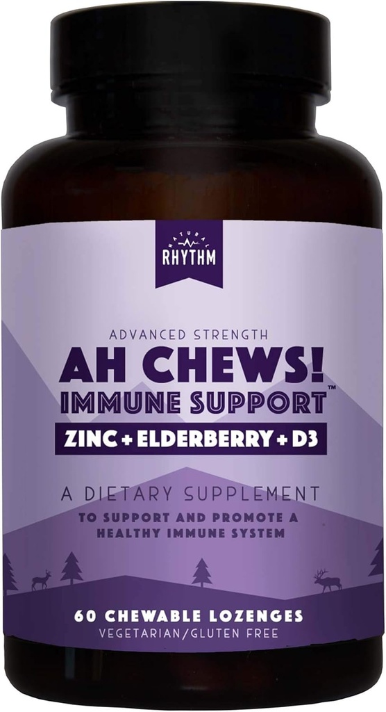Natural Rhythm Ah Chews! Lozenges de Booster Inmuno para Niños y Adultos, No Añadido Azúcar, con Elderberry, Zinc &amp; Vitamina D3, 60 cápsulas