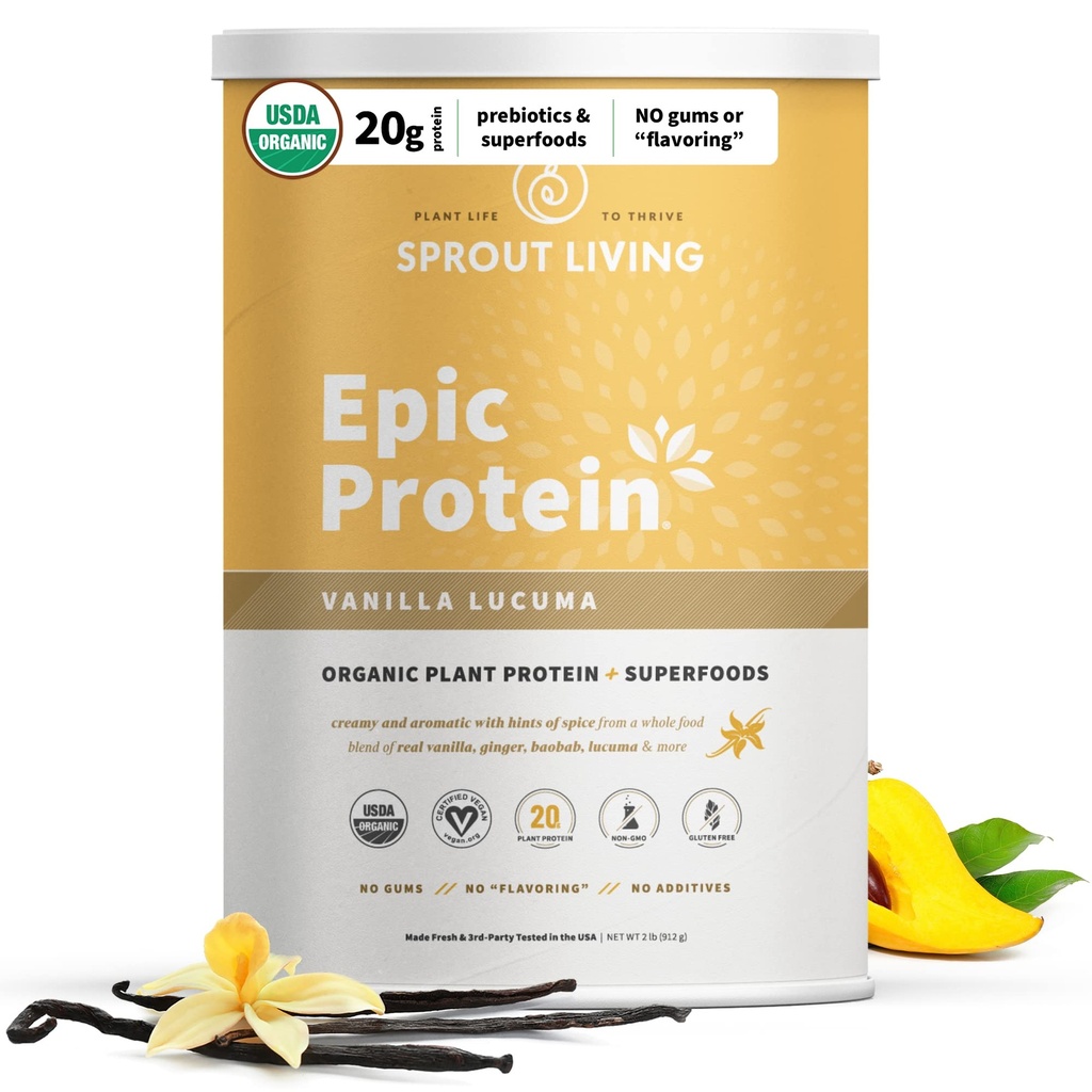 Sprout Living Epic Protein, Plant Based Protein & Superfoods Powder, Vanilla Lucuma Powder | 20 Grams Organic Protein Powder, Vegan, Non Dairy, Non-GMO, Gluten Free, Low Sugar (2 Pound, 24 Servings)