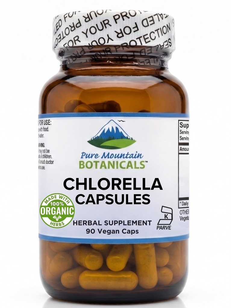 Pure Mountain Botanicals Broken Cell Wall Chlorella Capsules - 90 Kosher Vegan Caps Ahora con 500 mg de Clorella orgánica Polvo