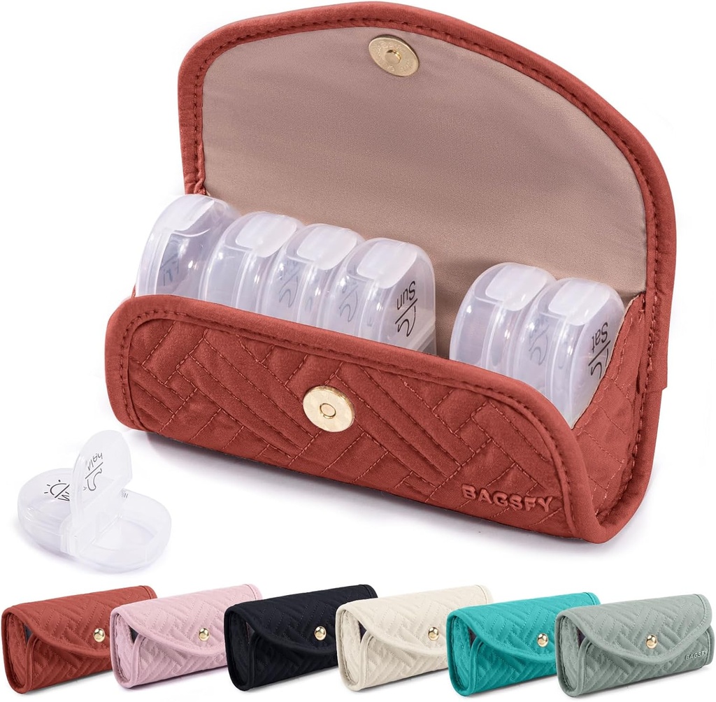 BAGSFY Organizador semanal de píldoras 2 veces al día en un lindo caso de tela, bolsa de medicina, AM PM caja de píldoras 7 días, caja de viaje de medicamentos portátiles para píldoras, vitaminas, aceites de pescado, suplementos.