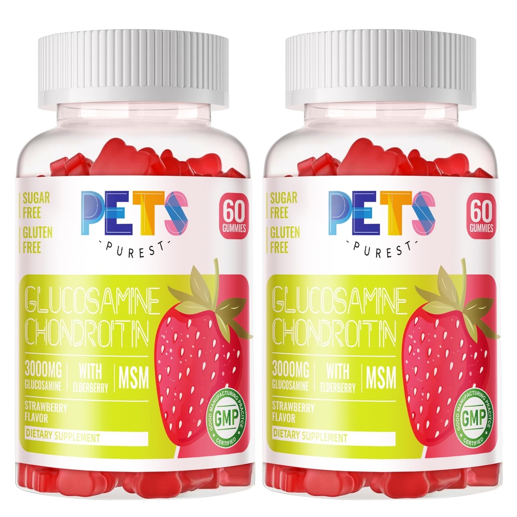 Pets Purest Glucosamine Chondroitin Gummies with MSM & Elderberry Extra Strength - Joint Support, Antioxidant Immune Support Supplement for Adults, Men &amp; Women.(2 Pack) Strawberry