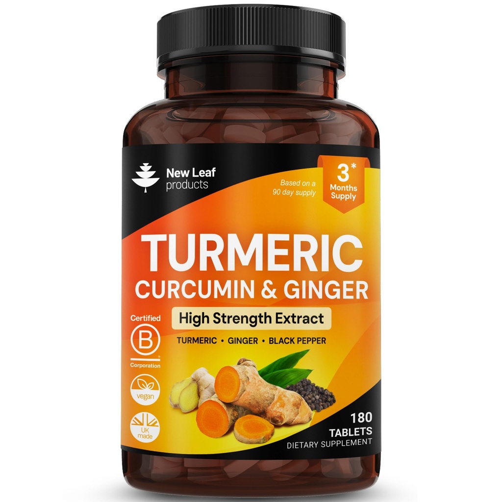 Tablas Turméricas con Pepper Negro y jengibre - Curcumina - 180 Tablas Turméricas y Pepper Negro (3 Mes) Suplementos Turméricos Activos de Alta Fuerza No Capsules, por Nueva Hoja