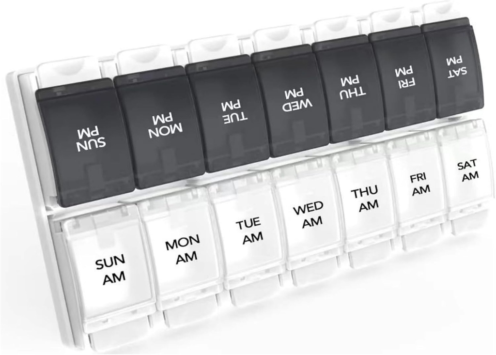 Sukuos AM PM Organizador semanal de 7 días, 2 veces una caja de píldoras de día con artritis botón de empuje amigable, cajas de medicina para aceite/suplementos de vitamina/Fish, fácil de limpiar (Black limitadaWhite)