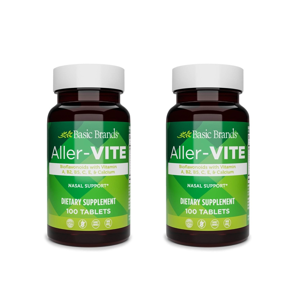 Marcas básicas Aler-Vite - Alivio de Alergia Natural Tabletas - Sinus Homeopático & Nasal Apoyo con Bioflavonoides, Vitaminas A, B2, B5, C, E & Calcio - 100 Tabletas Veganas - 2-Pack