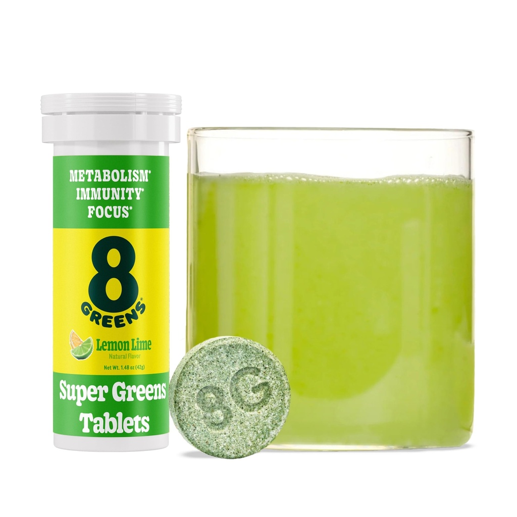 8Greens Supergreens Tablets ← Super Greens Powder Superfood Tablet, Metabolism Immunity & Focus, Daily Greens Effervescent Tablets, Organic: Aloe Vera, Spirulina, Chlorella, Lime de limón, 10 Servings