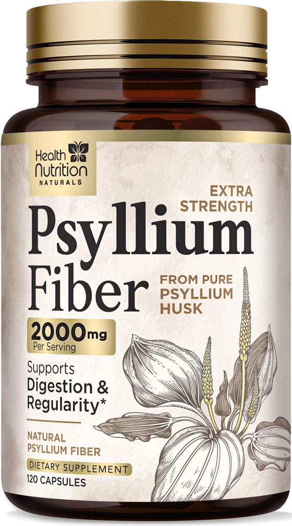 Psyllium Husk Capsules 1500 mg - Píldoras de suplemento de fibra natural, Digestión diaria, Salud de colon, " Apoyo de regularidad, Psyllium Husks Powder Caps, Vegan, No GMO - 120 Cápsulas Veggie
