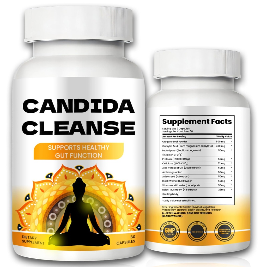 Candida Cleanse - Soporte Gut & Colon, Fórmula avanzada - Hoja de orégano, Wormwood, Nogal Negro, Ácido caprílico