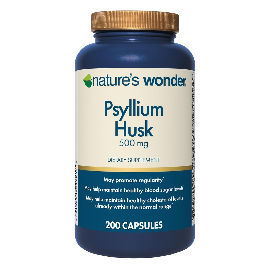 Nature's Wonder Psyllium Husk 500 mg Capsules for Digestive Health, Plant-Based Fiber, 200 Count
