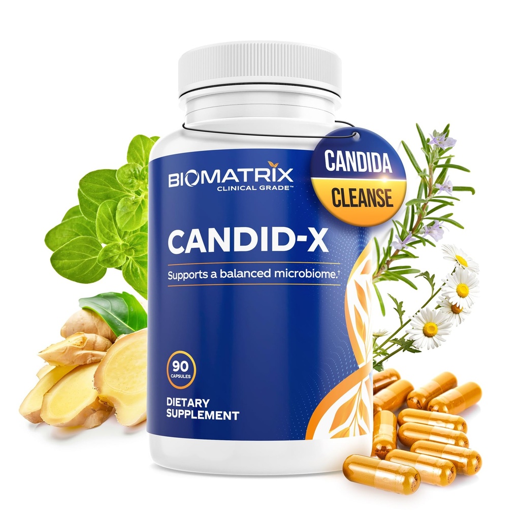 BioMatrix Candid-X Gut Cleanse with Berberine, Oregano, Sodium Caprylate, Chamomile, Ginger, PAU D'arco, Digestive Supplement for Men and Women ← 90 Capsules