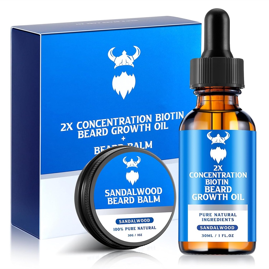 Beard Growth Oil & Beard Balm - Beard Growth Kit with 2X Concentration Biotin for Men, Natural Ingredients with Argan Oil, Jojoba Oil and Vitamin (Sandalwood)