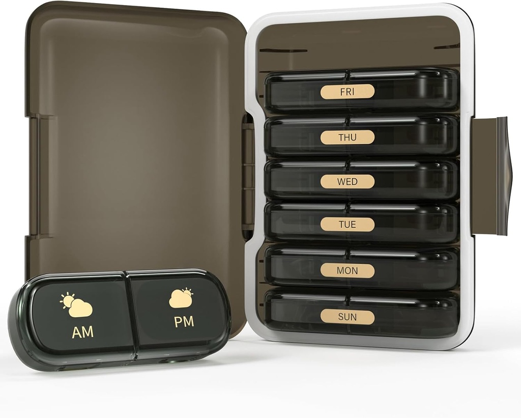 Organizador semanal de píldoras 2 veces al día, 7 días Pill Box 2 veces, portátil para el caso de pilas/Vitamin/Fish Oil/Medication/Supplements (2x7 Black)