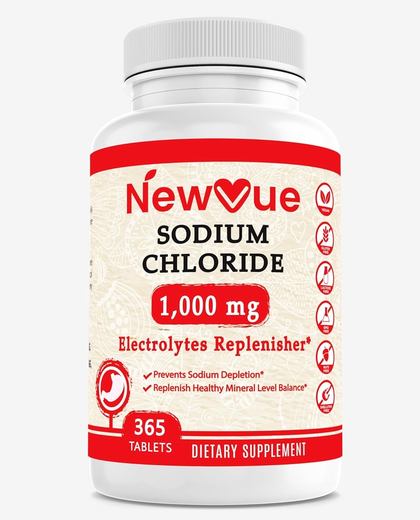 Sodium Chloride 1000mg, 365 Tablets - Salt Tablets, Non-GMO, Gluten Free - Bebida con electrolitos Hidratación reemplazada
