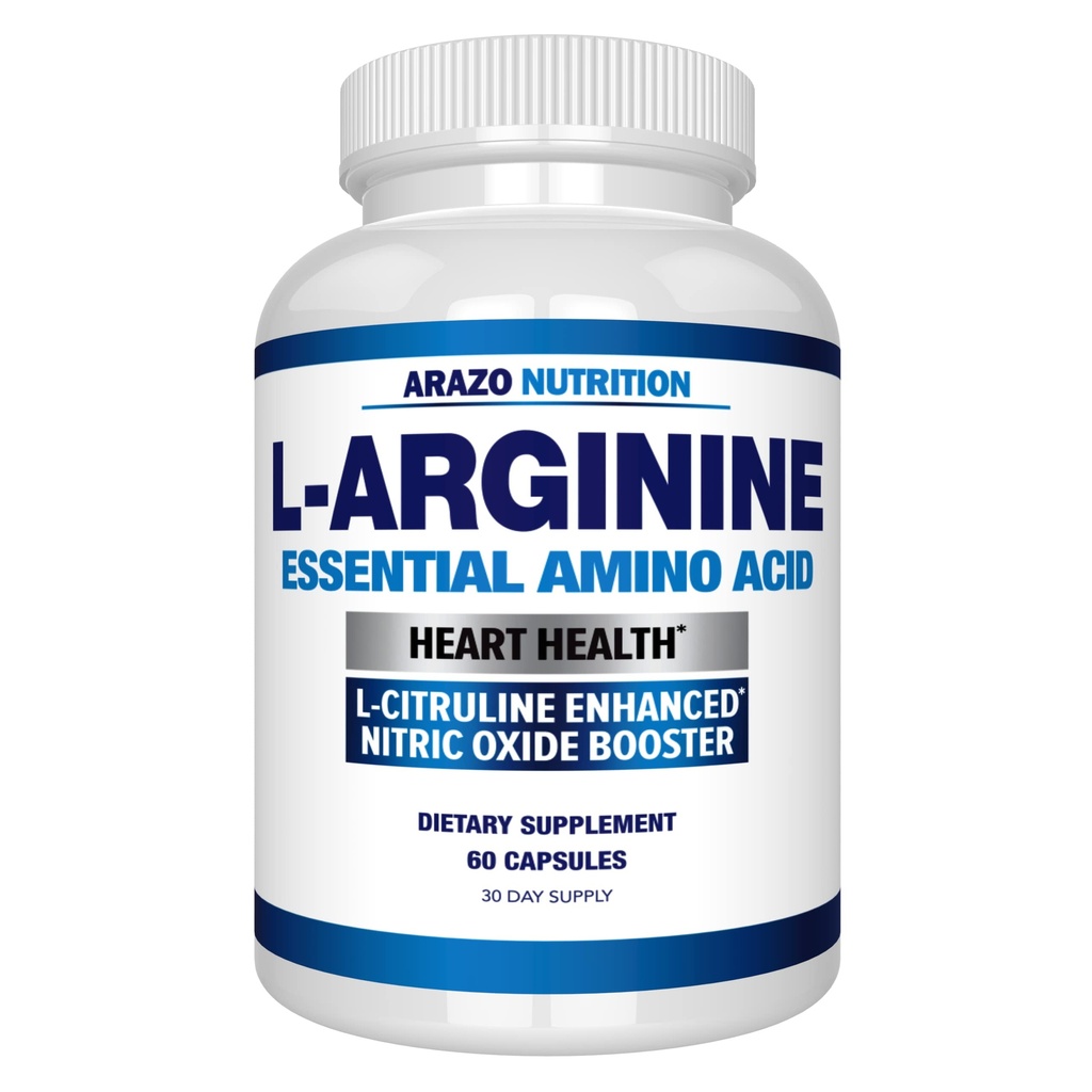 Arazo Nutrition Premium L Arginine - 1340mg Nitric Oxide Booster con L-Citrulline & Essential Amino Acids for Muscle Gain and Energy - Powerful NO Booster to Train Longer & Harder – 60 cápsulas