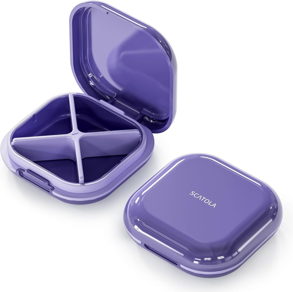 Small Pill Case, Travel Pill Box, Portable Pill Organizer, Pill Container for Pocket 4 Compartments, Daily Compact Travel Medicine Holder for Vitamins Medication (Purple)