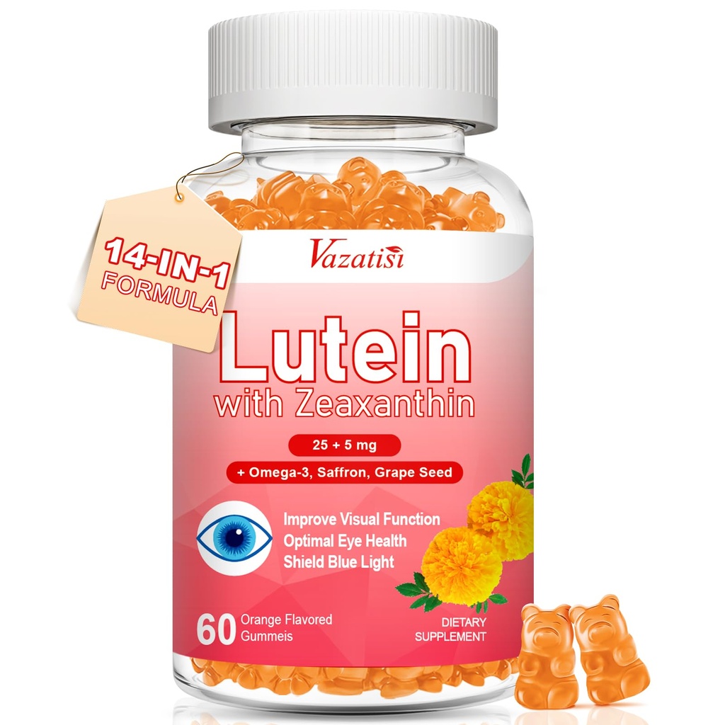 Lutein y Zeaxanthin Suplementos Gummies, Advanced Eye Vitamin Supplement with Bilberry, Saffron, Grape Seed, Omega 3 para Macular Health, Dry Eye, Visual Function - Orange Flavor, 60 Condes