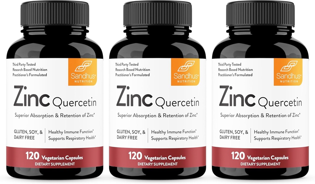 Sandhu's Zinc Quercetin 120 Vegetarian Capsules (Pack of 3) | Zinc Supplements for Antioxidant Immune Support for Men and Women | Gluten, Soy, Dairy Free