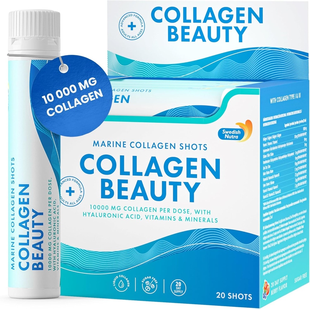 Swedish Nutra - Collagen Beauty | 10,000 mg Hydrolyzed Marine Collagen Liquid Supplement - 20 x 25 ml Daily Shots | Hyaluronic Acid and Vitamin C to Support Healthy Hair, Skin, Nails | Sugar-Free
