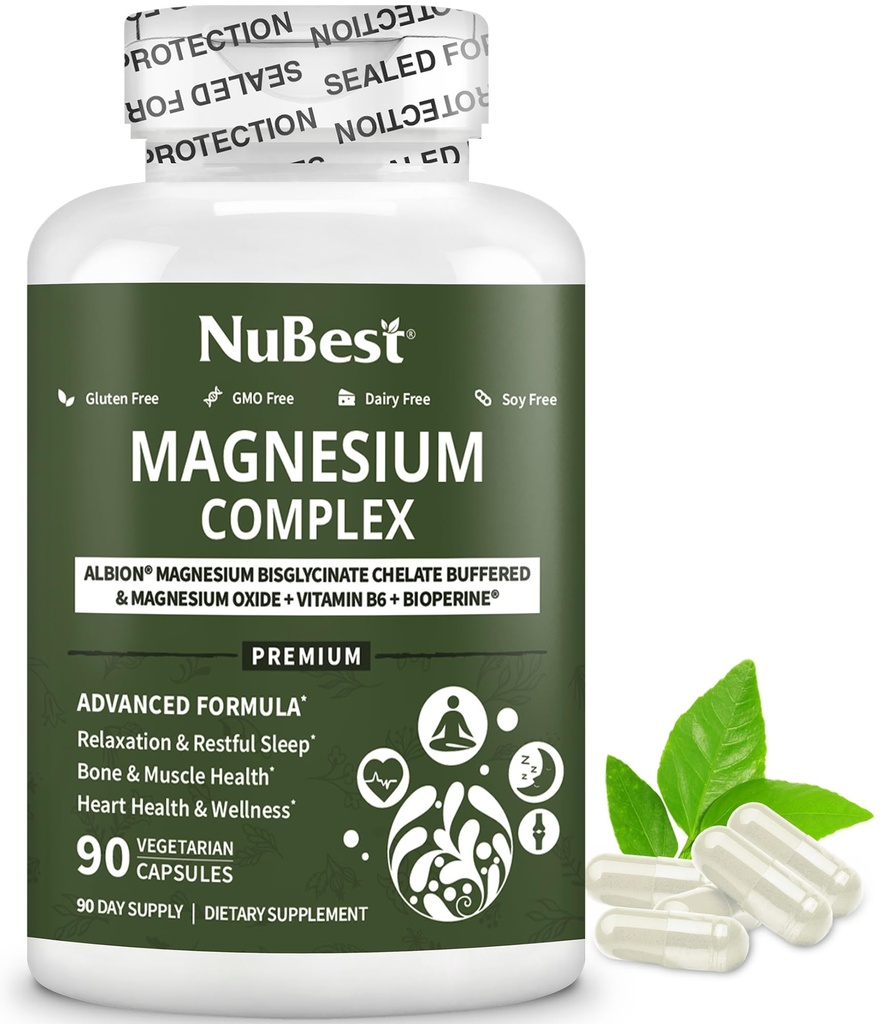 Complejo de Chelato Glycinate de Magnesio de Albion Chelato Bisglycinate, Vitamina B6 &amp; BioPerina para Hueso, Musculo, Durmiente Natural, Función Nerve, Cerebro Booster