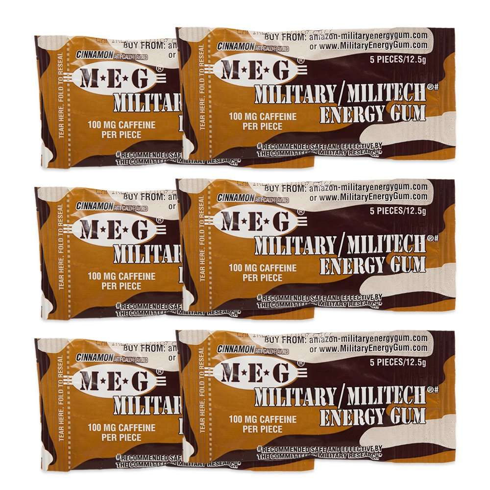 MEG - Military Energy Gum tención 100mg de Caffeine Per Piece + Aumentar Energía + Boost Rendimiento físico + Cinnamon 6 Pack (30 Cuenta)