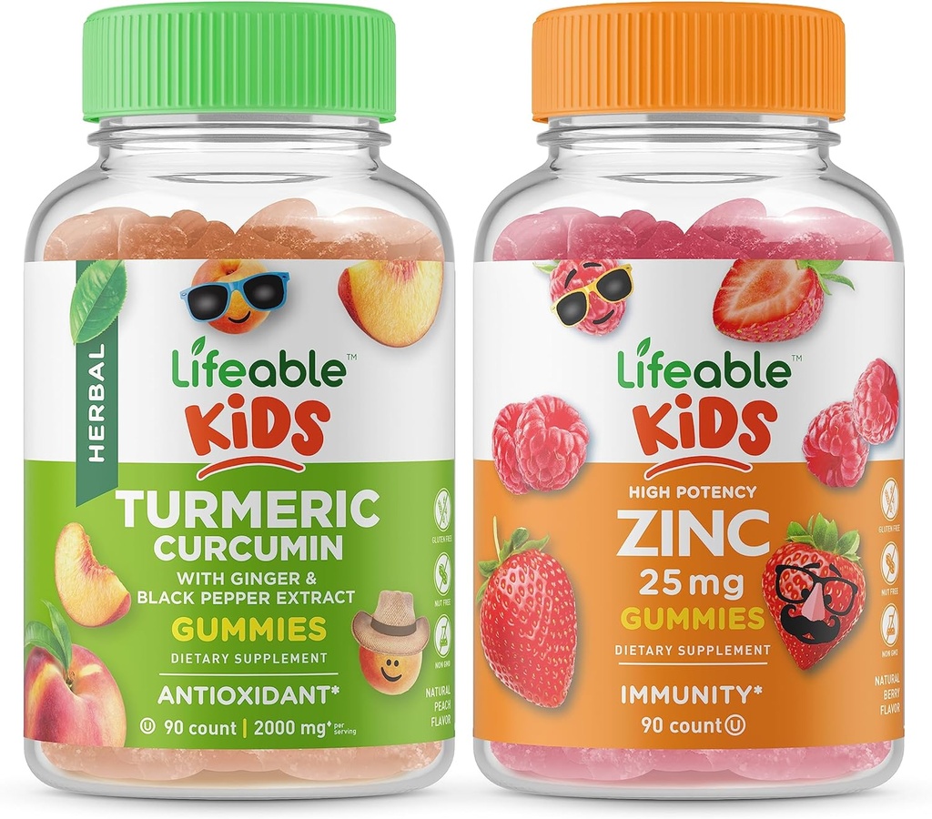 Lifeable Turmeric Curcumin Kids + Zinc 25mg Kids, Gummies Bundle - Great Tasting, Vitamin Supplement, Gluten Free, GMO Free, Chewable Gummy