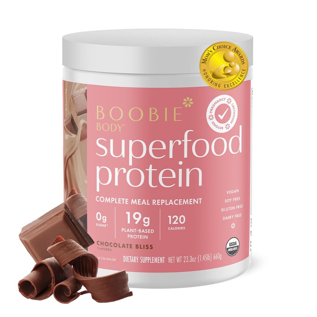 Boobie Body Superfood Protein Pregnancy and Postpartum Meal Replacement Shake, Chocolate Bliss Flavor | 19g Protein | Safe for Lactation & Motherhood | Organic, Vegan, Zero Sugar, 1 Tub (20 Servings)