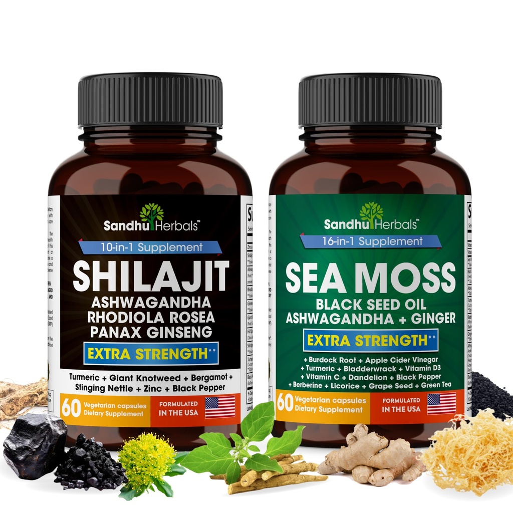 Shilajit Sea Moss Ashwagandha Combo Bundle - Black Seed Oil, Turmeric, Rhodiola Rosea, Panax, Ginseng Supplement tención 120 Capsules, Better Than Gummies, Resin ← Seamoss for Men &amp; Women