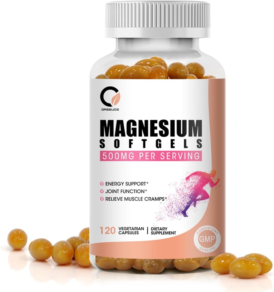 Magnesio Glycinate 500mg Capsules, Alta Absorción Puro Magnesio Glycinate Suplementos Softgels para Hombres Mujer, Apoyo Energía, Musculo & Función Conjunta, No GMO, Vegan, 120 Conde