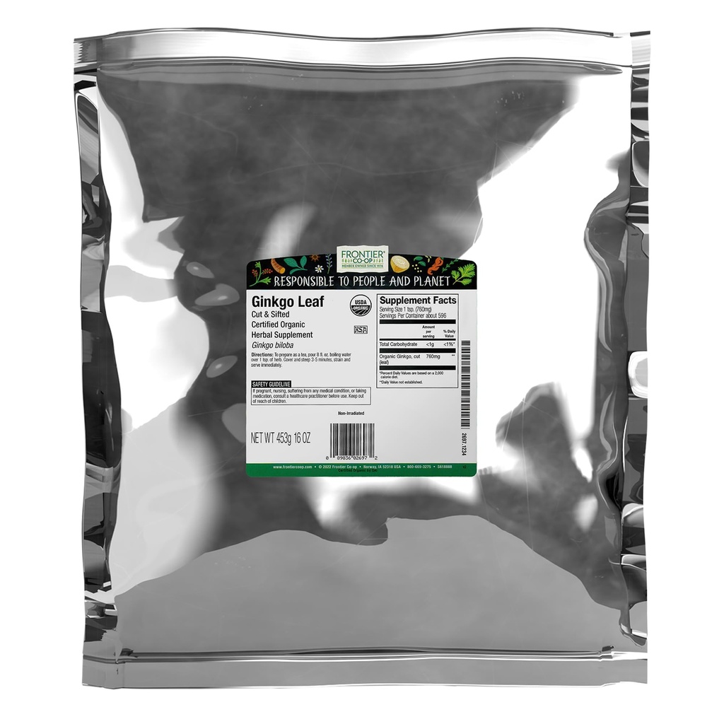 Frontier Co-op Organic Ginkgo Leaf, 1lb Bulk Bag, Cut and Sifted ← Dried Ginkgo Biloba Leaf ← Ideal para usos de té y hierbas, Kosher