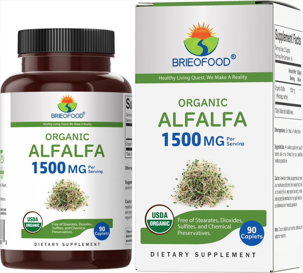 Brieofood Organic Alfalfa 1500mg, 45 Servings, Vegetarian, Gluten Free, 90 Tablets Vegetarianos