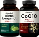 NatureBell CoQ10 400mg Cápsulas con Omega 3 ácidos grasos " Citrus Bergamot Veggie Capsules 5,000 mg Equivalent Bundle Pack ← Stable High Absorption Form Н High Antioxidant Level