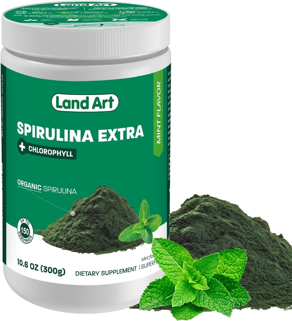 Land Art Organic Spirulina Extra Powder - Mint Flavoured - 100% Puro - 75 Servings - Superfood - Buen sabor y buen olor - 10% Bioactive Chlorophyll - Fuente potente de antioxidantes