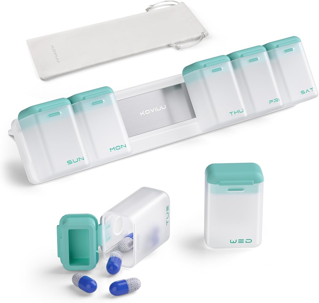 Organizador semanal de píldoras 1 vez al día, caja de píldoras magnéticas 7 días, caja de carga de viaje extraíble, una vez contenedor de carga diaria, dispensador de medicamentos grandes para la medicina, vitamina, suplemento, turquesa
