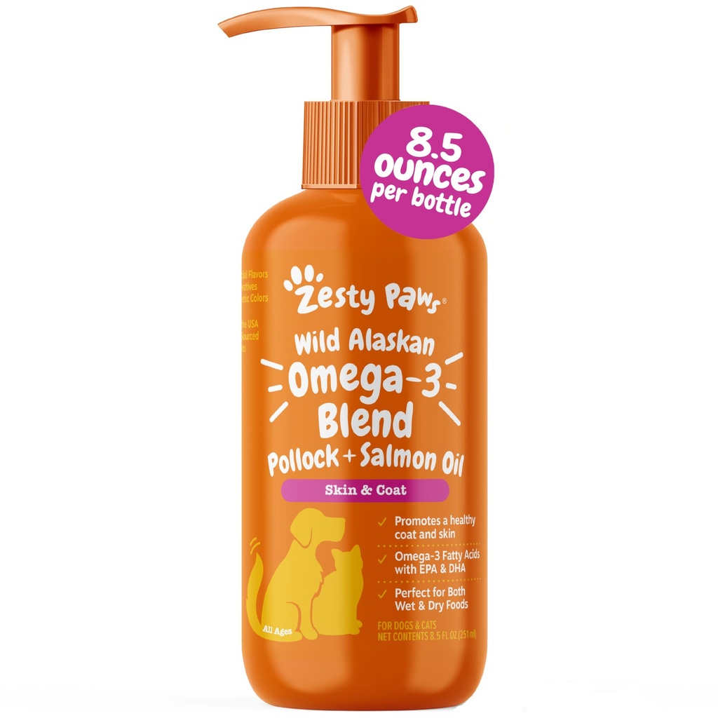 Zesty Paws Wild Alaskan Omega-3 Blend Pollock + Salmon Oil for Dogs and Cats- Skin and Coat Support, Omega 3 Supplement for Pets, 8.5oz