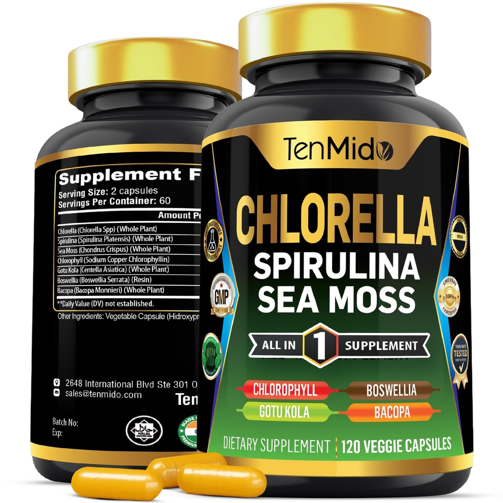 Chlorella Suplemento para Hombres y Mujeres - 7in1 Fórmula con Spirulina, Moss del Mar, Clorophyll, Gotu Kola, Boswellia & Bacopa - Immune Support - Rich in Nutrient, Vitaminas - 120 cápsulas