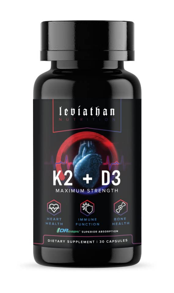 Leviathan Nutrition Vitamin D3 K2 2 in 1 Formula | 360mcg Vitamin K2 (MK7) + Vitamin D3 5000 IU Vegan Organic Extra Strength Vitamin Supplements - Support Heart, Teeth, Joint, and Bone Health