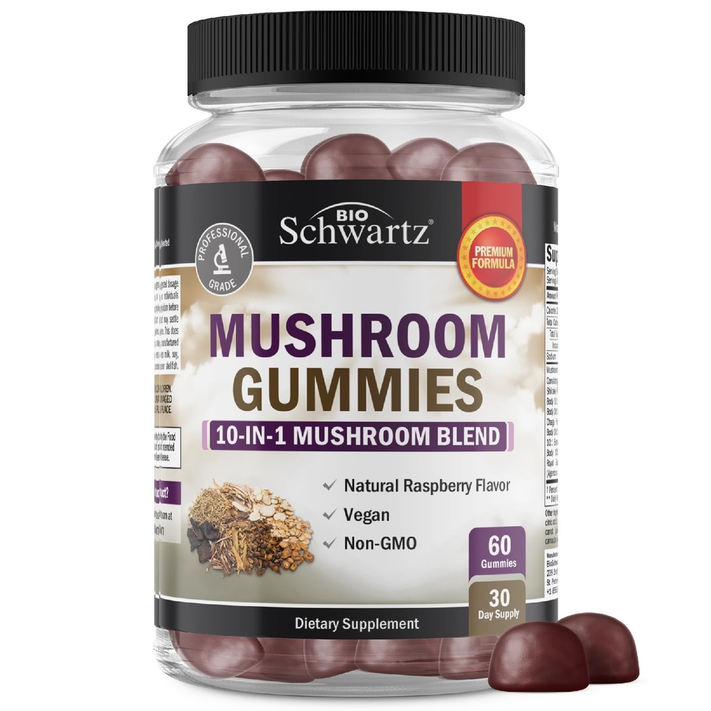Mushroom Gummies for Adults - 10-in-1 Functional Mushroom Supplement for Mood and Focus with Lions Mane Turkey Tail Cordyceps Shiitake Reishi - Vegan, Non-GMO, Fresh Raspberry Flavor, 60 Count