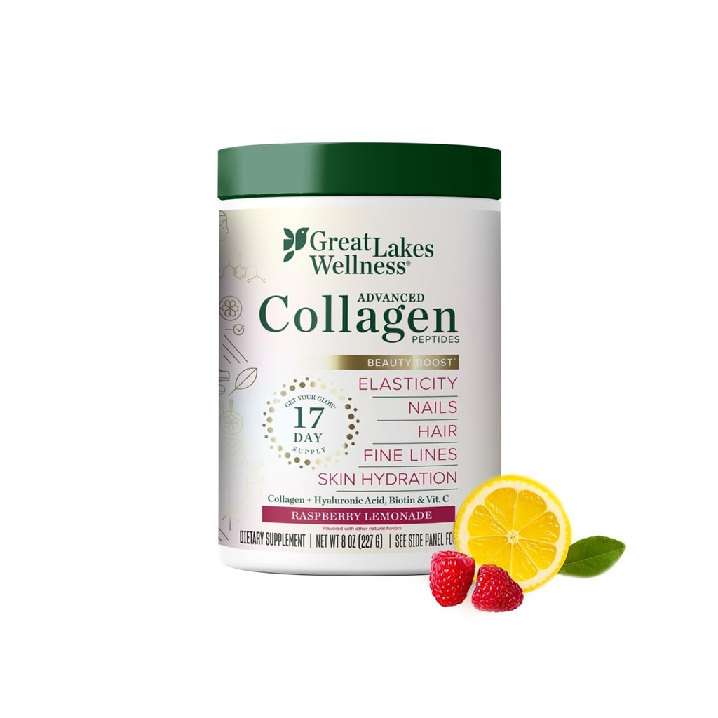 Great Lakes Wellness Beauty Boost Advanced Collagen Peptides Powder with Hyaluronic Acid, Biotin, Vitamin C - Skin Elasticity and Hydration - Raspberry Lemonade Flavor - Non-GMO, Keto, Kosher - 8 oz