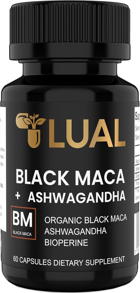 LUAL 30,000mg 30x Strength Organic Black Maca Root with Ashwagandha - Highest Potency Black Maca Root Capsules for Hombre - 100% Pure Maca Peruana Powder Organic, Gelatinized, Non-GMO - 60 pastillas