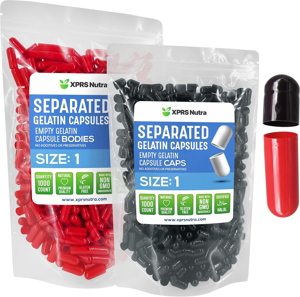 XPRS Nutra Tamaño 1 Gelatina Cápsulas separadas - 1000 Conde Cápsulas de Píldora vacía Separadas en Bolsas- Píldoras vacías para relleno de suplementos DIY (Black/Red)