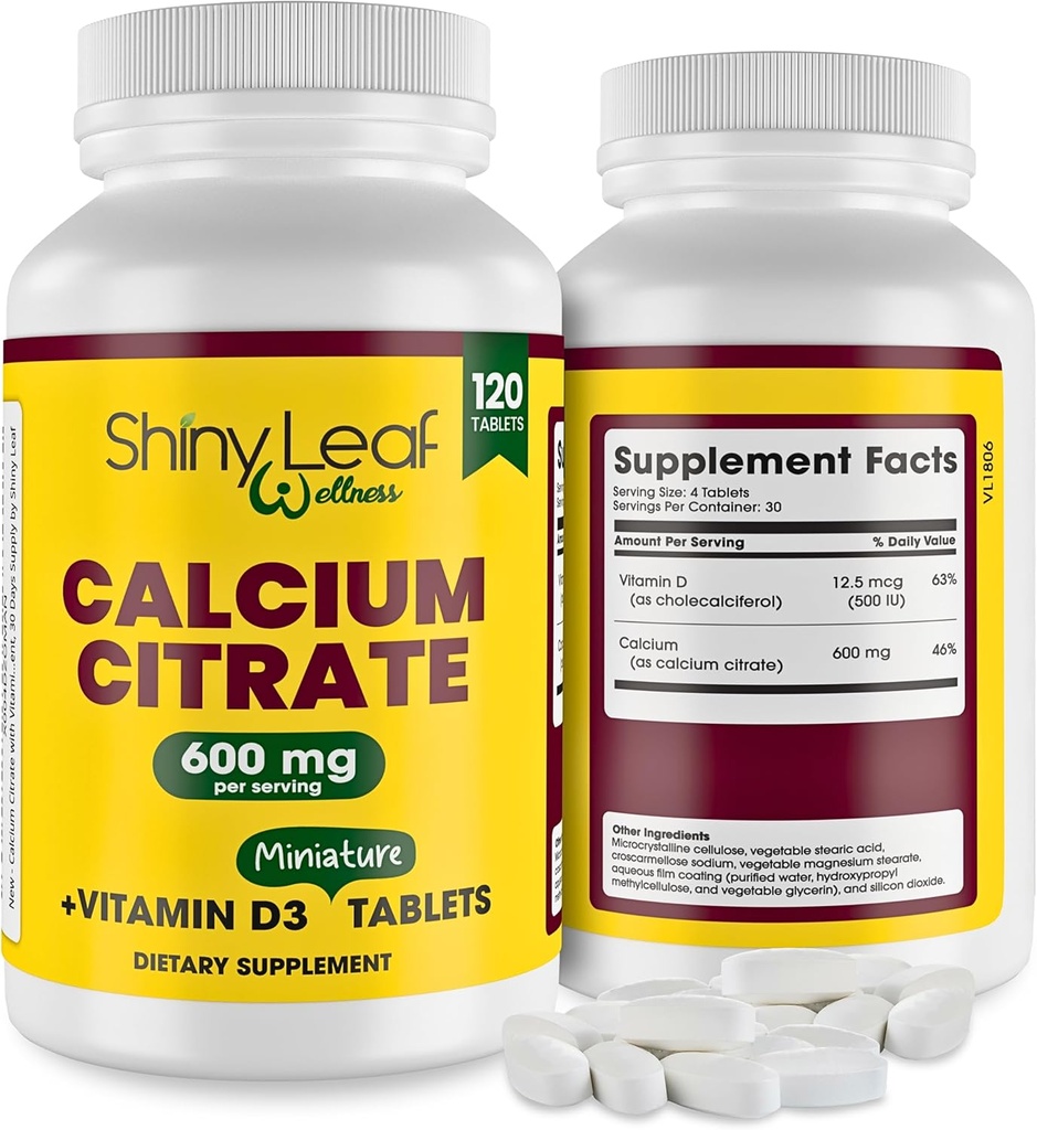 Shiny Leaf Calcium Minis 600 mg - Daily Tablets of Calcium Citrate 600mg Plus Vitamin D3 for Bariatric Post-Op and Gastric Bypass for Women and Men, Easy to Swallow, Made in USA, Vegetarian - 120 Ct.