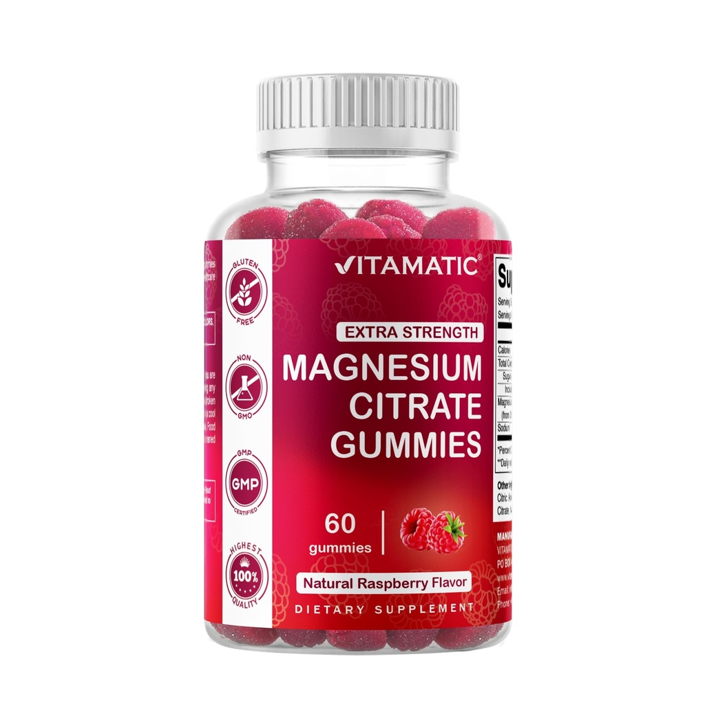 Vitamatic Extra Strength Magnesium Gummies – 255 mg ( Magnesio Elemental) por Serving – 60 Gummies Vegan Soporta Relajación, Función del musculo " Nerve, Salud ósea " Producción energética