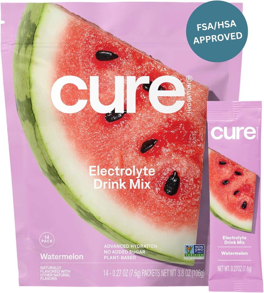 Cure Hydration ¦ Plant-Based Electrolyte Drink Mix Silencio No Añadido Sugar ← FSA-HSA Silencioso de alivio de la deshidratación Hecho con agua de coco ← No-GMO Silencioso Vegan tención Pouch of 14 Packets - Watermelon