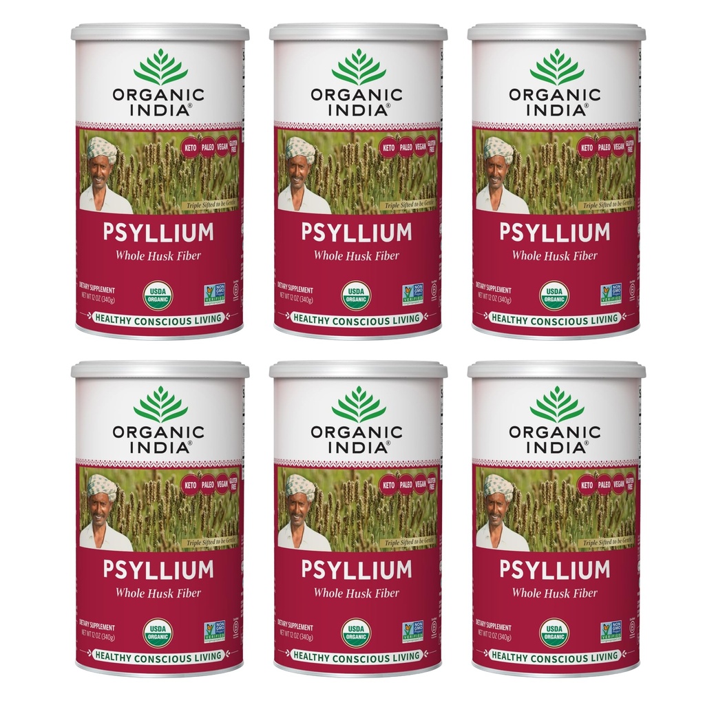 ORGANIC INDIA Psyllium Herbal Powder - Whole Husk Fiber, Healthy Elimination, Keto Friendly, Vegan, Gluten-Free, USDA Certified Organic, Non-GMO, Soluble & Insoluble Fiber - 12 oz Canister, 6 Pack