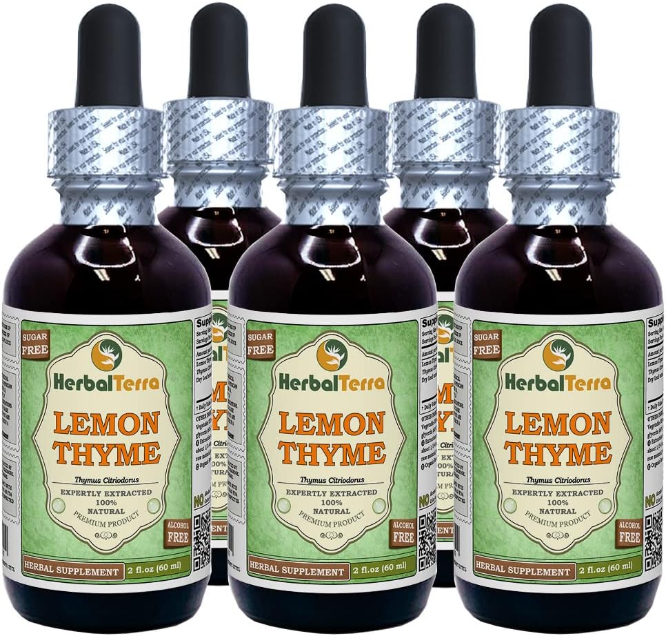 Tomo de limón (Thymus x Citriodorus) Glicérito, hierba orgánica seca sin alcohol Extracto líquido libre de alcohol (Marca: HerbalTerra, Proudly Made in USA) 5x2 fl.oz (5x60 ml)