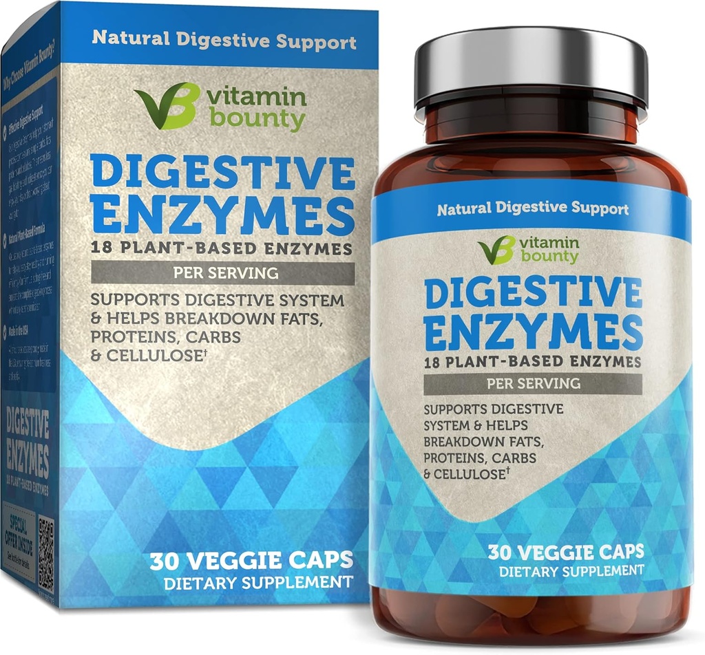 Vitamin Bounty Digestive Enzymes - Prebiotics with 18 Enzymes, Digestive Enzymes for Women and Men, Digestion Supplement, Aid in Breaking Down Fats, Proteins, and Carbohydrates - 30 Capsules