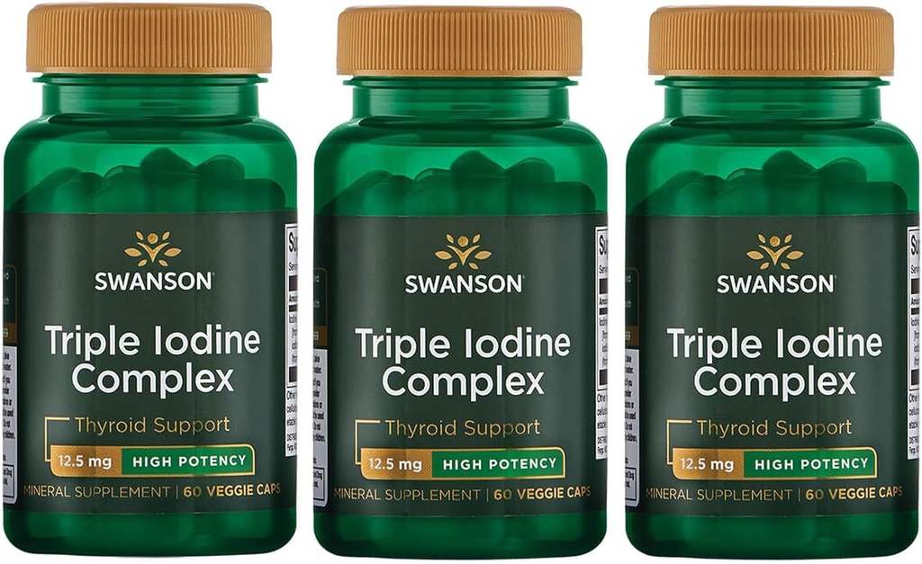 Swanson Triple Iodine Complex-Natural Supplement for Vital Thyroid Support-Promotes Función metabólica, Aumento de la producción de células rojas de sangre, & Heart Health-(60 Veggie Capsules, 12.5 mg cada uno) (3 Pack)